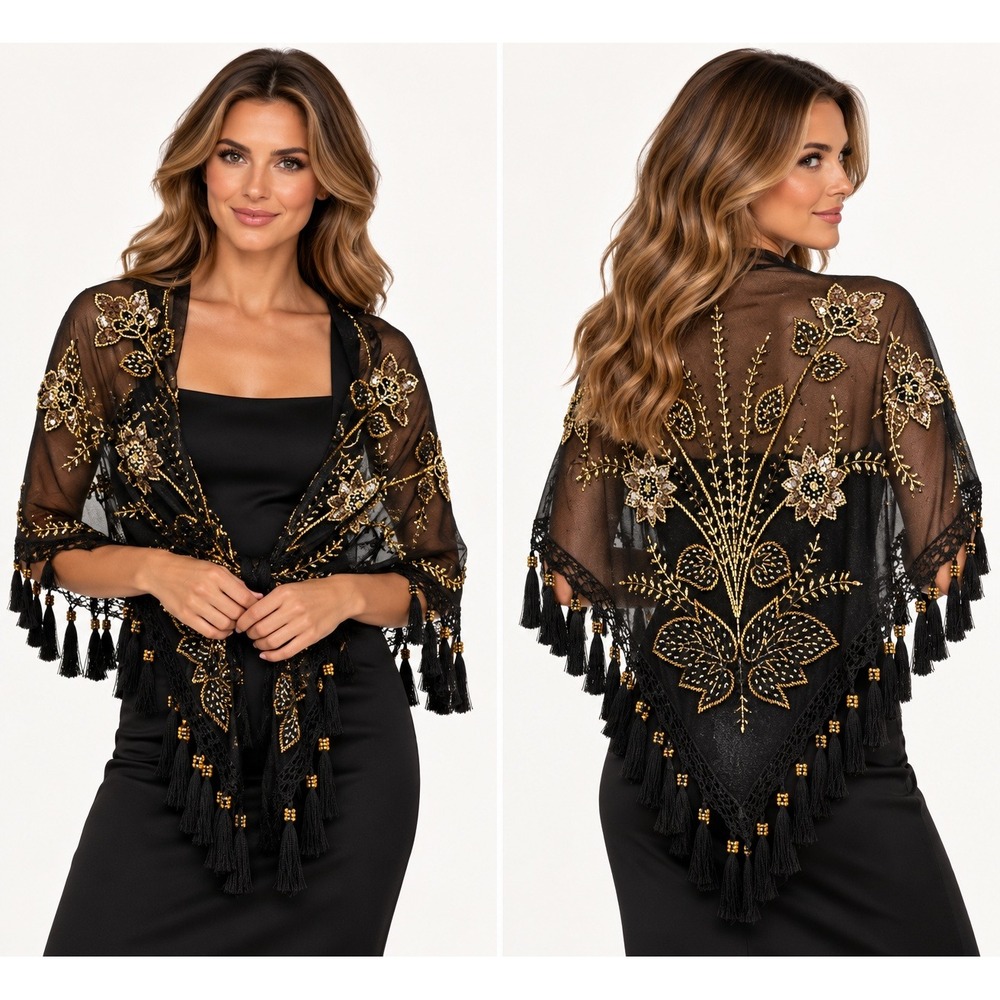 Black Sheer Mesh Gold Beaded Floral Triangle Shawl Fringed Evening Wrap Scarf